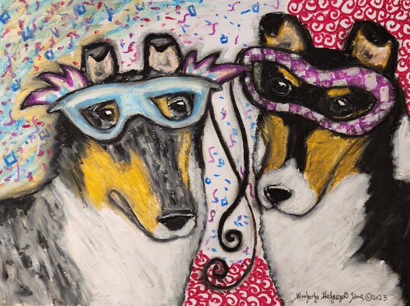 Smooth Collie Masquerade Original 9 x 12 Painting Artist Vintage Style Dog