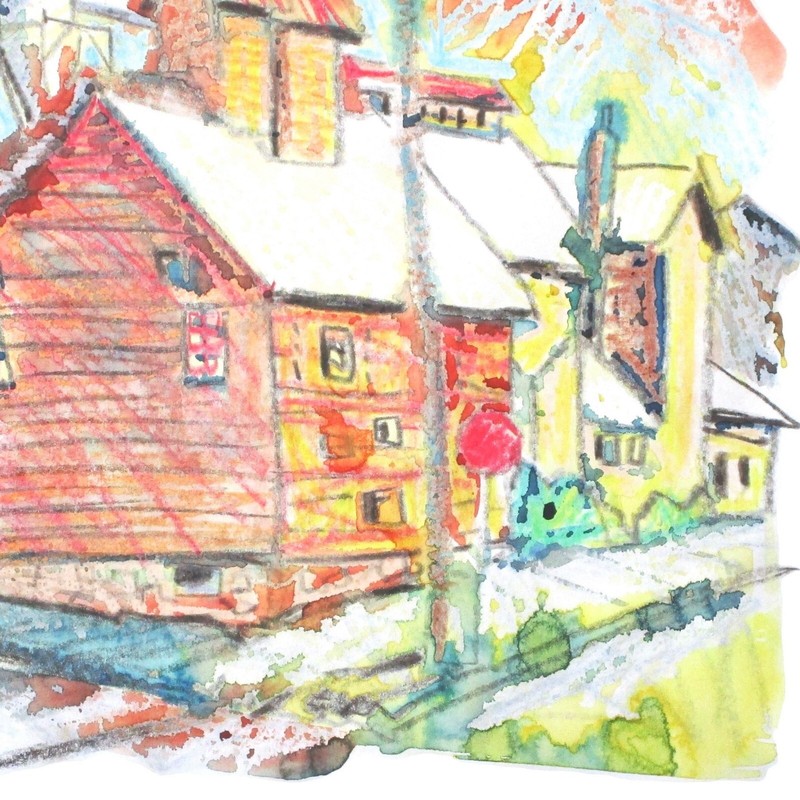 Larry Lerew original Crayon Resist Painting impressionism Feed Store Mill COA gallery