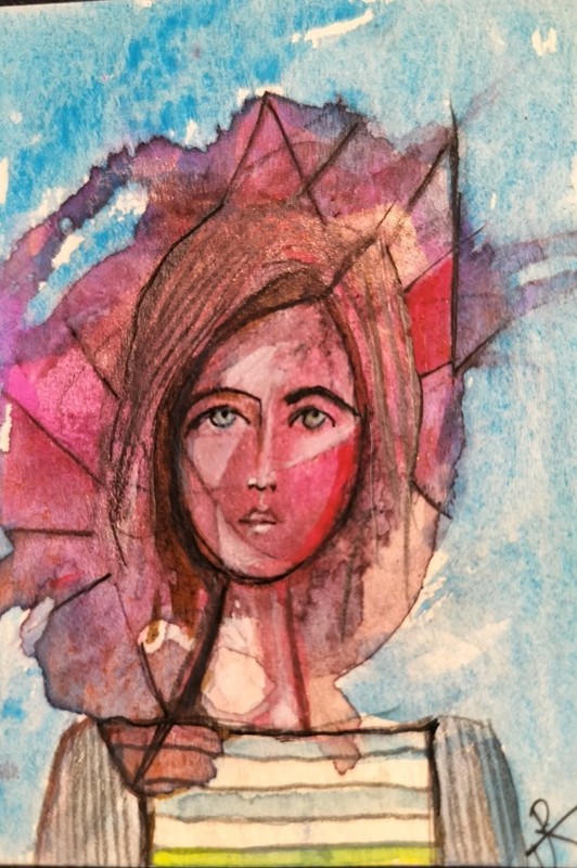 ACEO Original Painting Surreal Expression Abstract Portrait Jess Russell