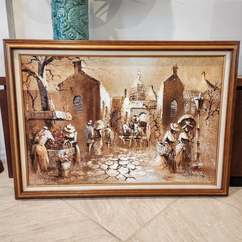 Vintage Boris Chezar (1913-2008) Signed Sand & Oil Painting on Canvas 41″Lx29″H
