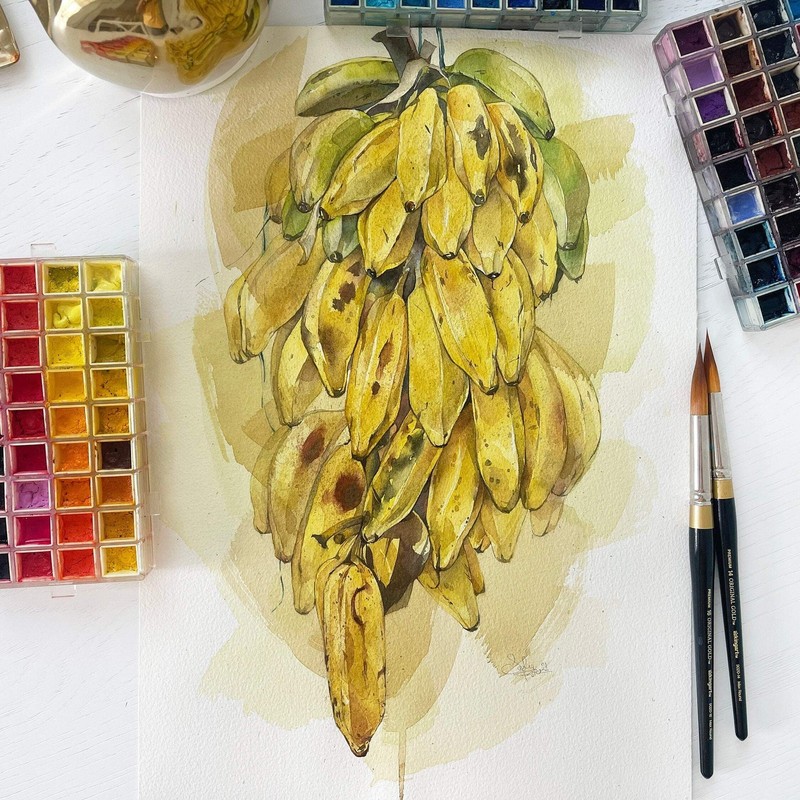 Original Watercolor Panamanian Bananas 11.5×16.5 Painting Unique Artwork