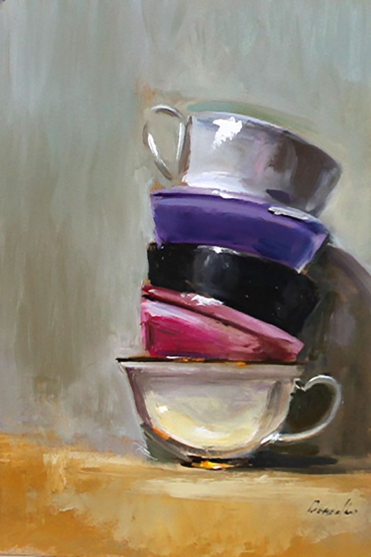 VINTAGE WHITE BLACK and PINK cups Oil Painting 8x12in UKRANE