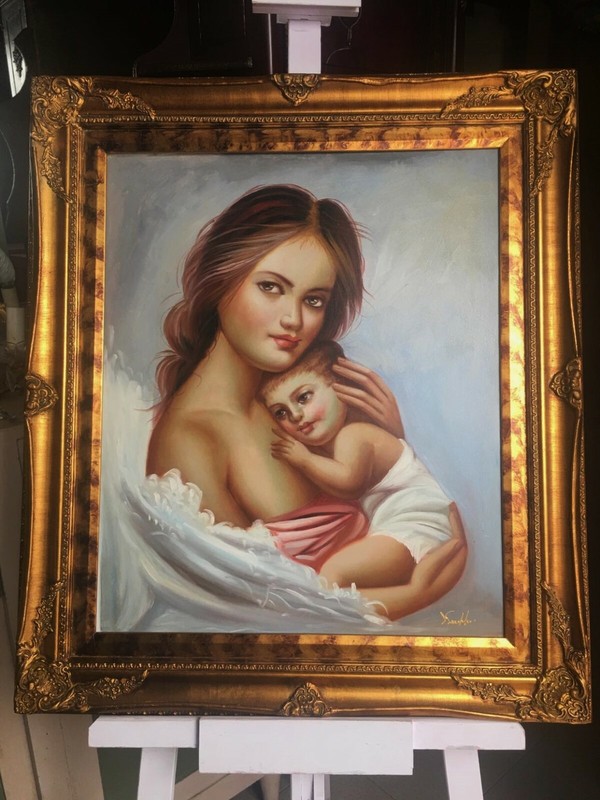 RARE PAINTING ON CANVAS «MOTHERHOOD» WOODEN FRAME