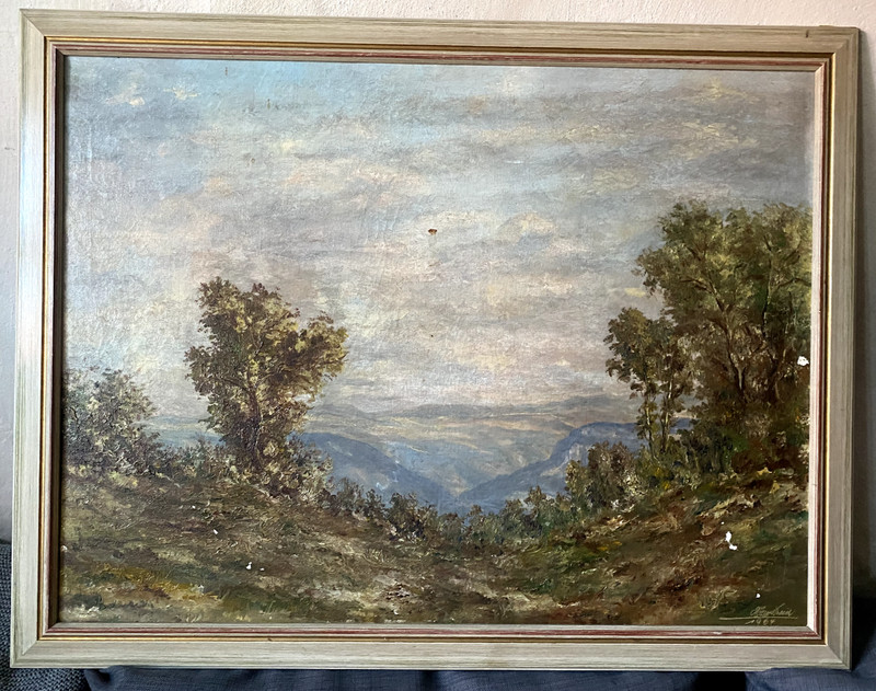 Hans ..Unclearly Signed 1964 View into the Mountains Landscape Frame Trees Oil