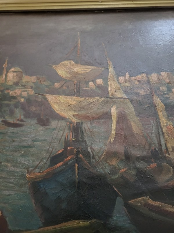 Oil Painting 1930 Mystery Signed Nautical Marina Boats Coastal Dark READ gallery