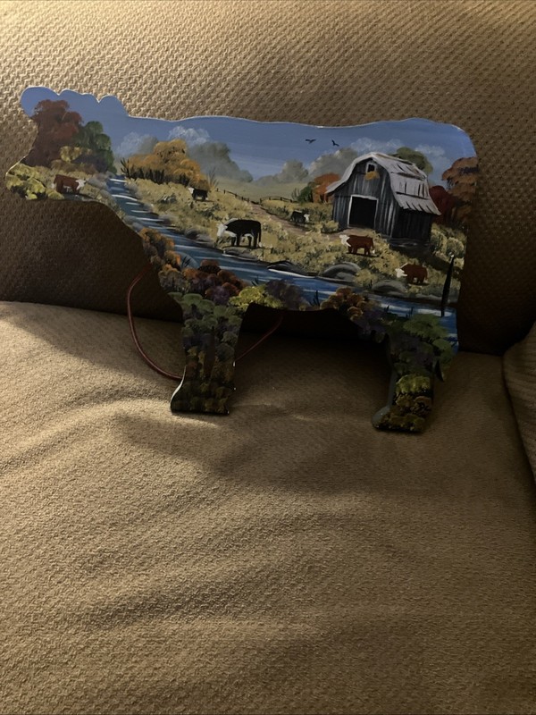 OOAK HANDMADE HAND PAINTED SIGNED COWS IN FIELD NEAR STREAM LEATHER HANGER gallery