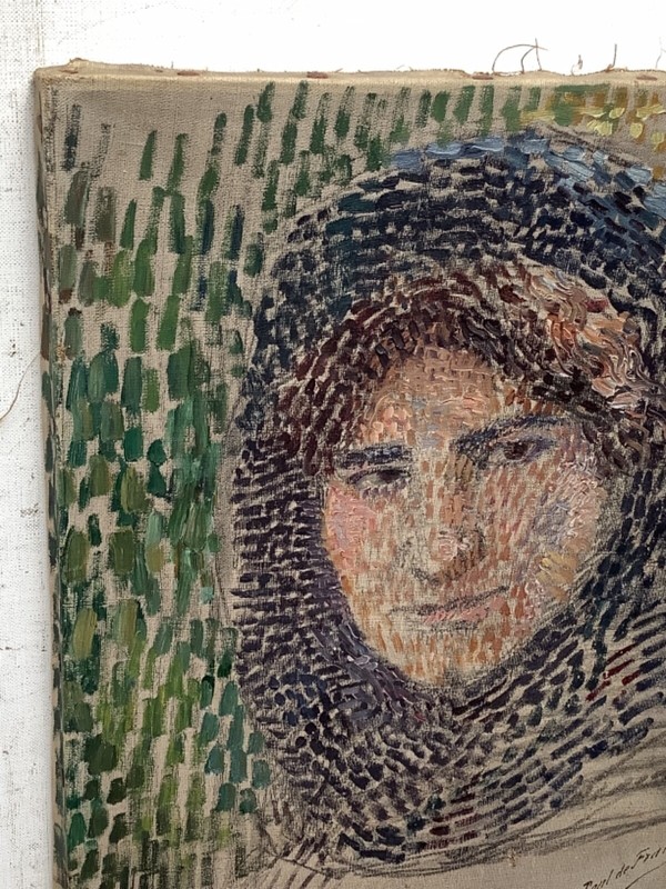 Pointillism Divisionism Portrait Oriental Woman signed Antique Oil Painting gallery