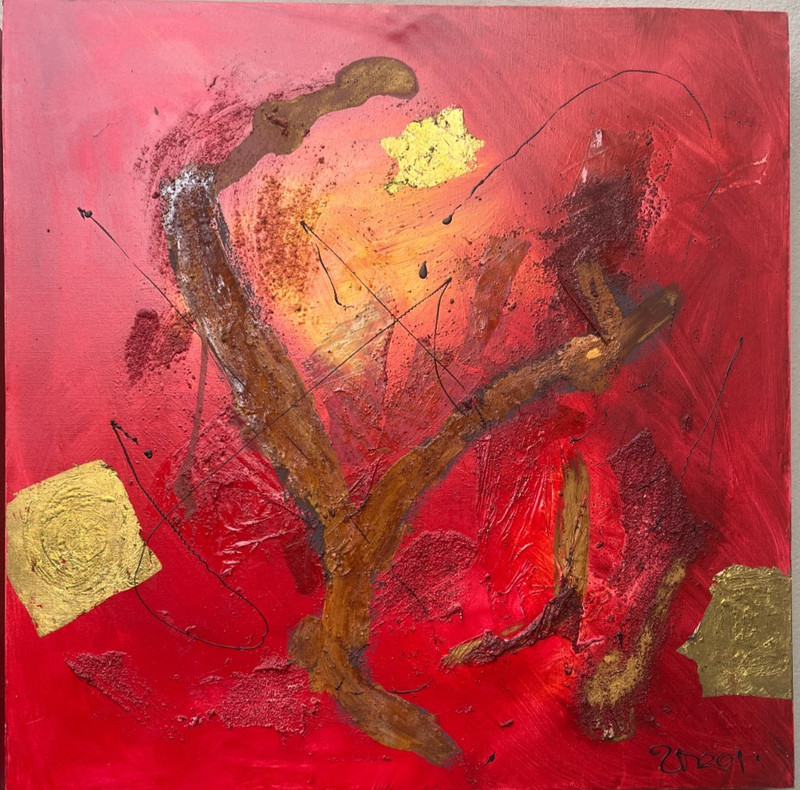 Abstract object color pigments red gold 1 oil/LW 90x90x8cm – Sonja Zeltner-Müller