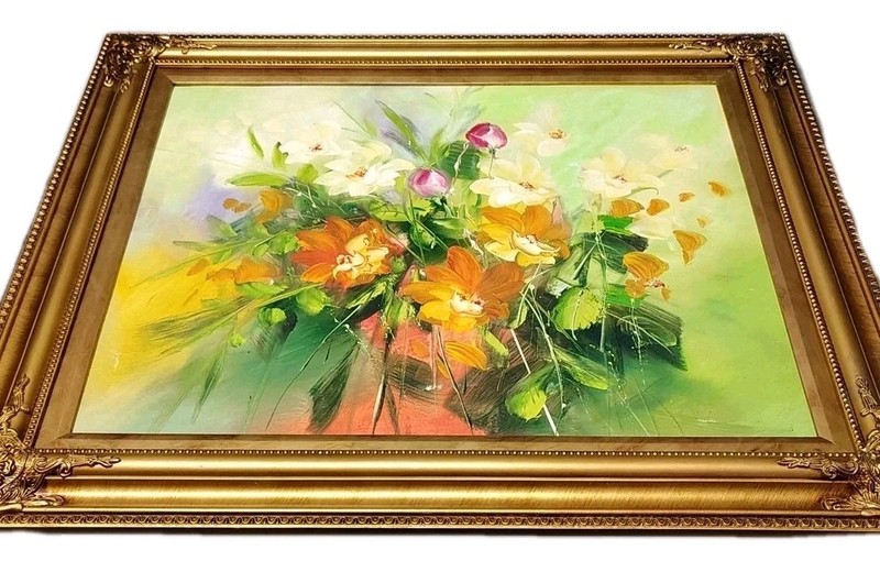 VTG 30" Original Oil Painting Floral Still Life Impression Ornate Gold Frame SEE gallery