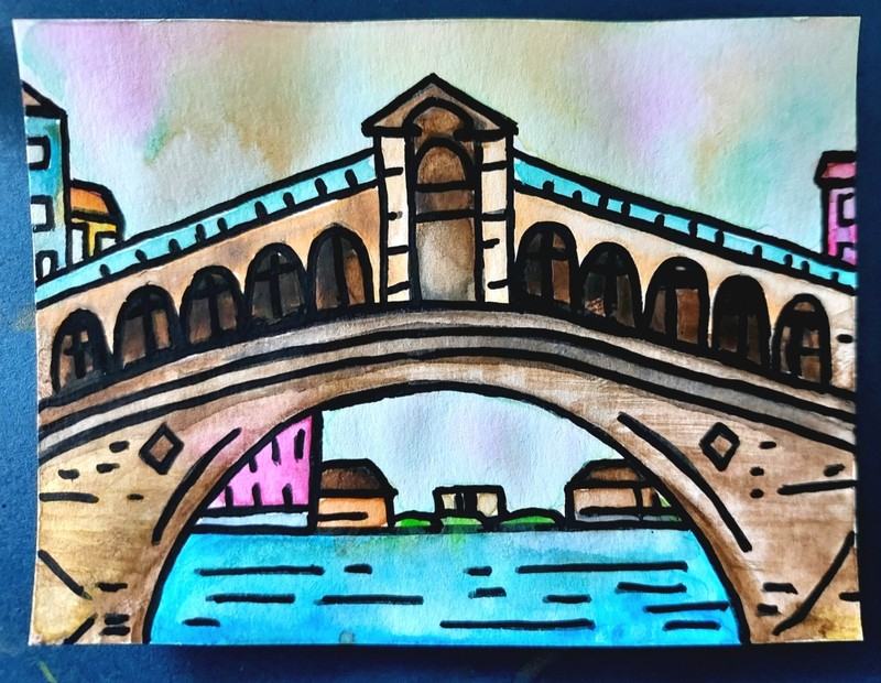 ACEO Original Bridge Over Canal Cityscape Paper Painting, Unframed