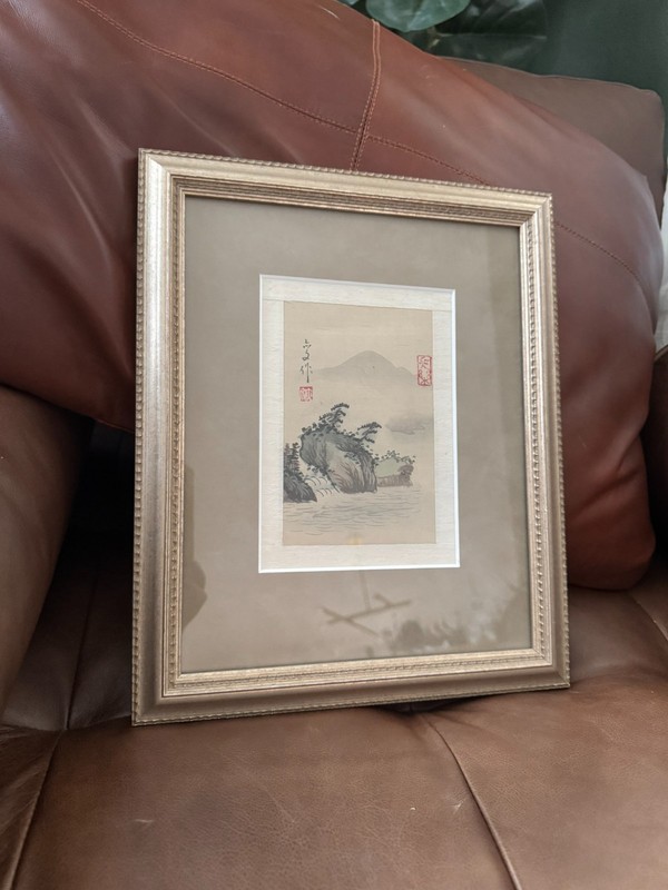 Framed East Asian Ink Color Landscape Art Mountain Pine Water 13×10