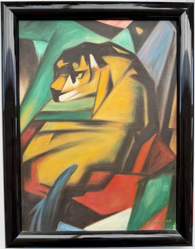 Oil Painting "The Tiger" after Franz Marc - Signed M. Sauvigne - Expressionism. gallery