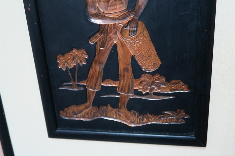 SET @ 2 VINTAGE COPPER RELIEF EMBOSSED CARRIBEAN MAN WOMAN PICTURE - FRAMED gallery