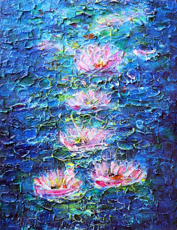 Water Lily Painting 11×14 Original Textured Blue Pond Canvas Art