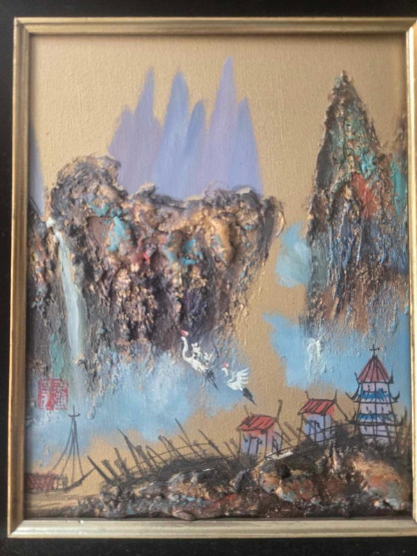 Asian Heavy Oil on Canvas Mountain and River Scene with Bamboo-Style Frame gallery