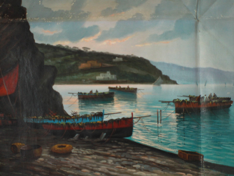 Antique Seascape With Boats And Mountains Scene Oil Painting Singed G. Levre gallery