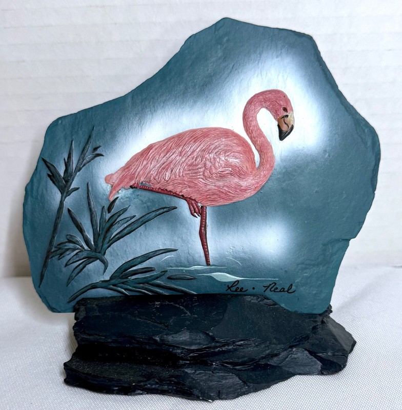 Baylife Art «Reflections»Hand Painted Flamingo on Slate Signed by the Artists