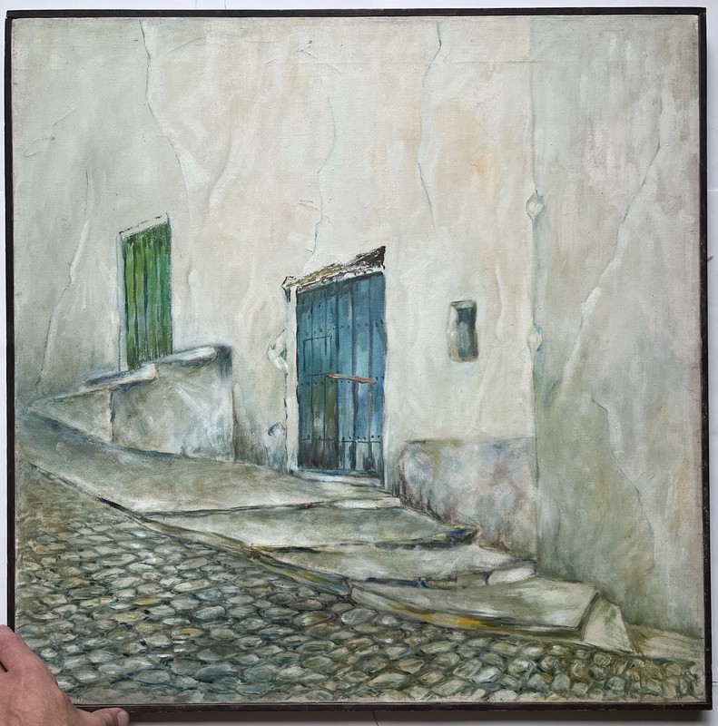 Mid Century 50s 60s Jack Paul Maroon Oil Painting Blue Door Street Spain Realism gallery