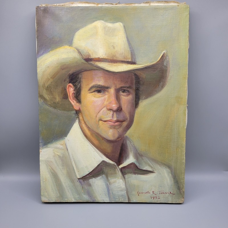 Original Oil Painting By Kenneth R Turner, Texas Man In Cowboy Hat 12″x16″ 1982