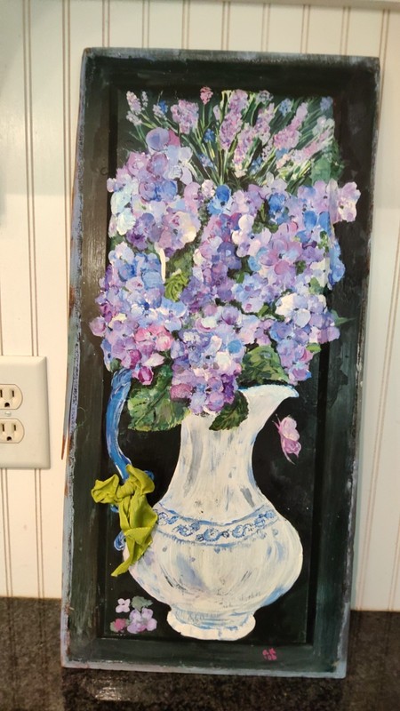 VTG Orig FLORAL Acrylic Painting On Recycled Cabinet Door -24″x11″ Local ATL ART