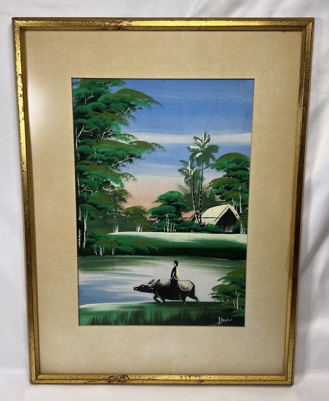 VTG Original Vietnamese Asian Silk Painting Signed Han? Oxen Village 11×14.5″