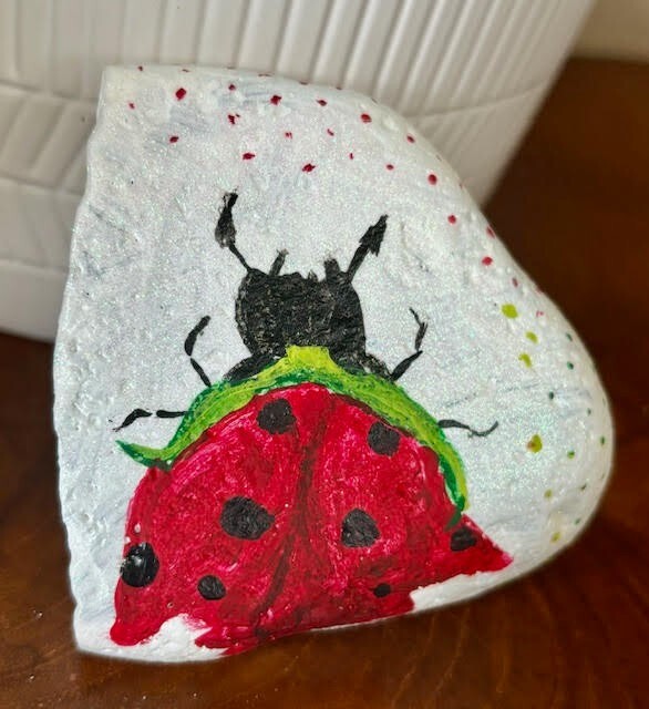 Hand Painted Rock Collectible Kindness Art "Rose Ladybug" outdoor garden decor gallery