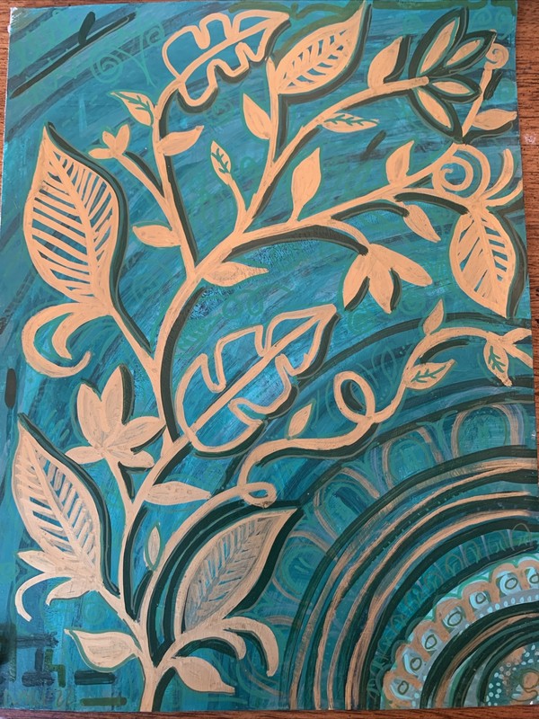 Golden Leaves & Dark Green Abstract Mandala Pattern Painting On Paper Moody