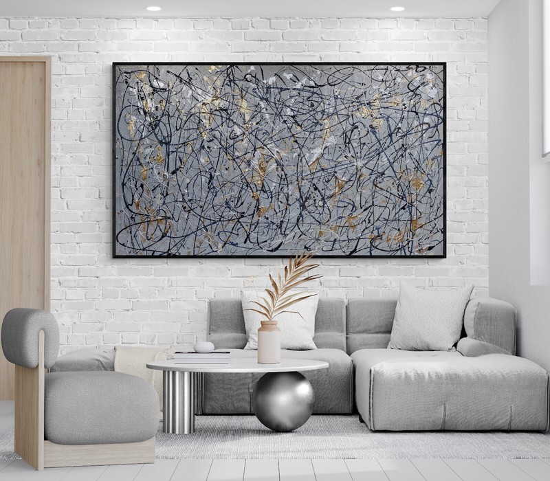 XXL Jackson Pollock Style Gold & Silver Abstract Art Textured Painting 78x39 in gallery