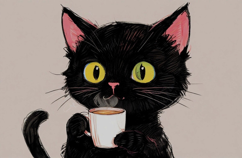 ACEO *Art Print* Black Kitty Cat Baby Kitten & Cup of Coffee & Cream by Saulite