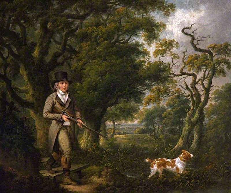 Oil painting man dog landscape A-Gentleman-Shooting-with-a-Spaniel-Charles-Towne