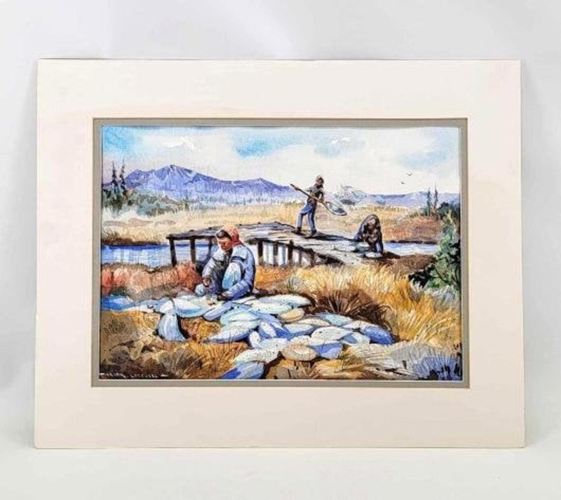 Frank Lovewell Alaska Natives Salmon Fishing Dip Netting Watercolor Painting