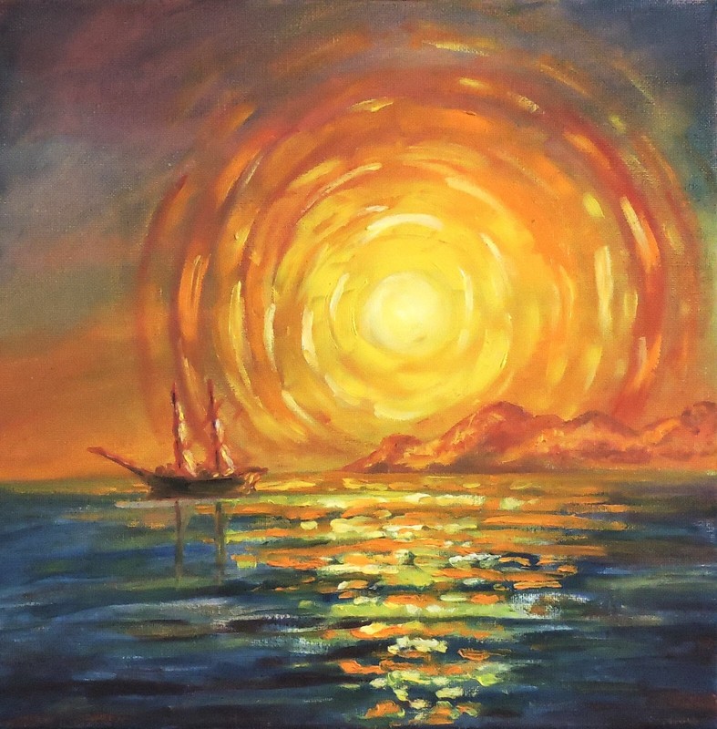 Original small oil painting Sunset at the Sea, ancient sailing ship, sea, sun,