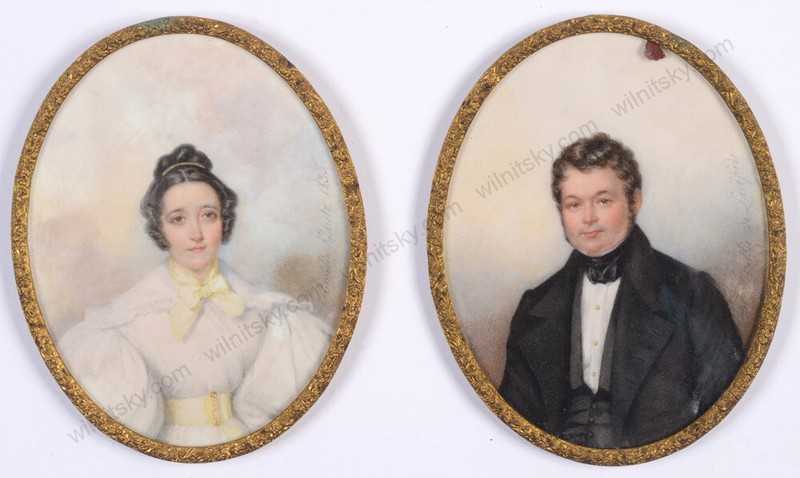 Amélie de Lacépède (1796-1860) «Husband and wife», two small watercolor portrait