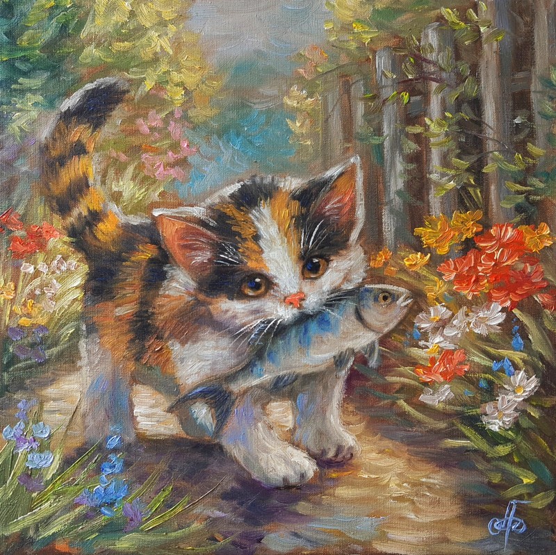 Calico Kitten Fish Original Oil Painting Cute Cat Animal Wall Art Gift Decor