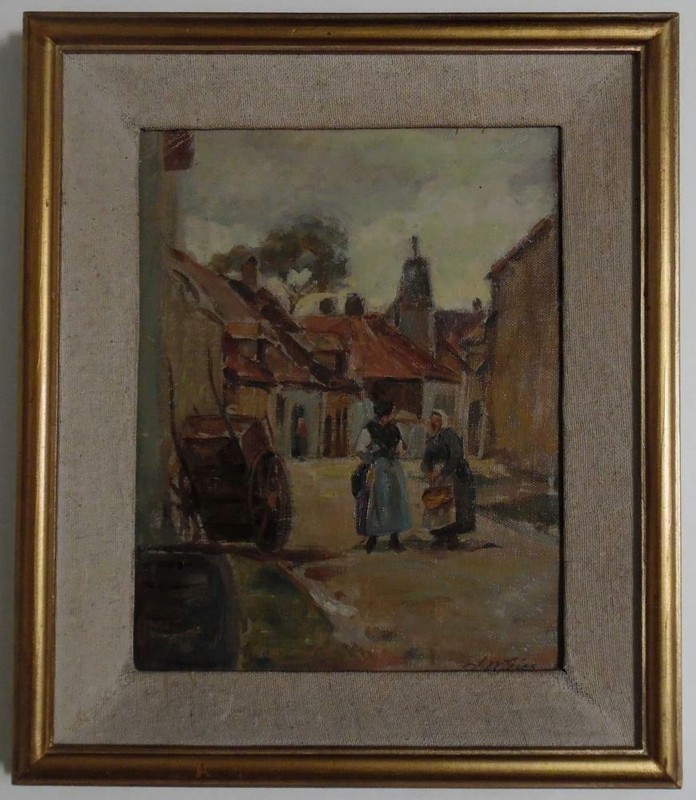 Signed Joseph W Gies 1860-1935 Impressionist Village Scene Framed Oil Painting