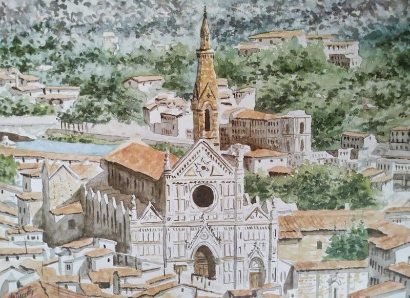 Vintage Italy Florence Santa Croce Watercolor Print BIRU’S ART Roma Landscape