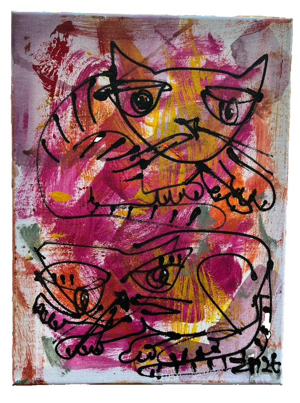 Acrylic picture cats painting unique sign ZM abstract 30x40cm canvas yellow pink