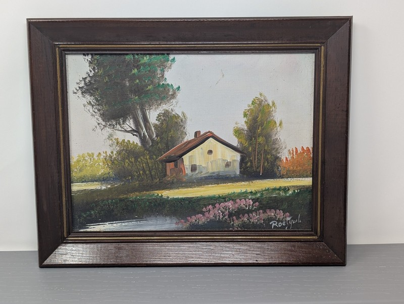 Vintage Framed Landscape Oil Painting Cabin River Scene Signed