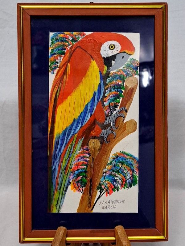 El Salvador Garcia Red Parrot Real Feather Original Painting Signed 10×6″ Frame