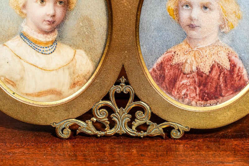 Amazing Portrait Miniature Painting Brass Frame Antique Victorian Boy and Girl gallery