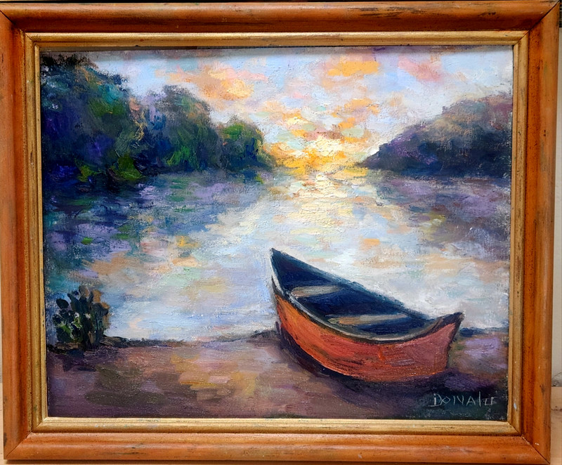 Oil Painting Landscape Boat Shore Water Trees Sunset ORIGINAL OOAK by Donalee