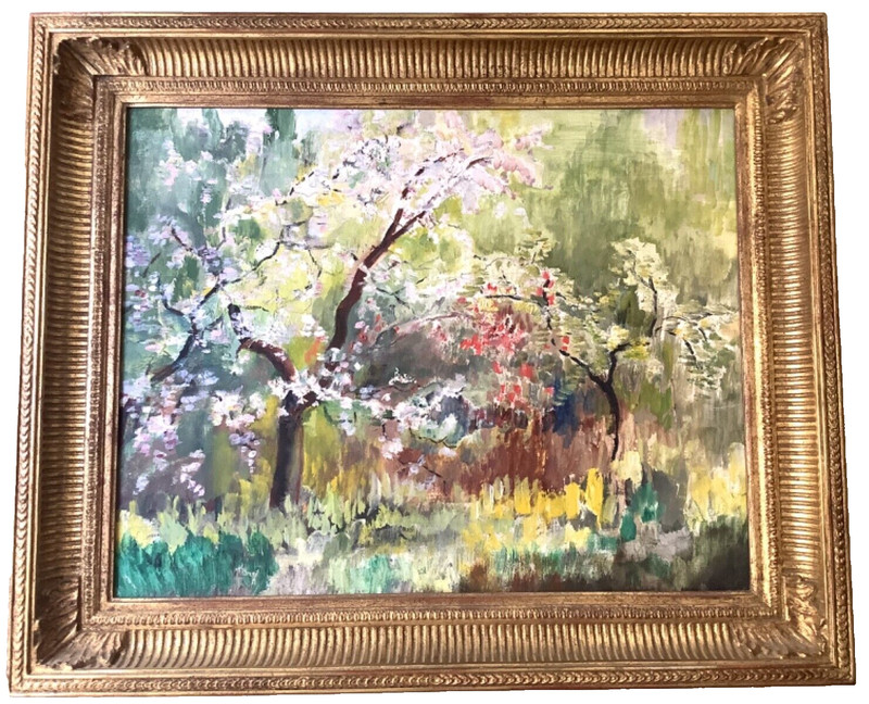 FRENCH IMPRESSIONIST - OIL ON BOARD FRAMED 1950'S - THE FLOWER GARDEN IN SPRING gallery