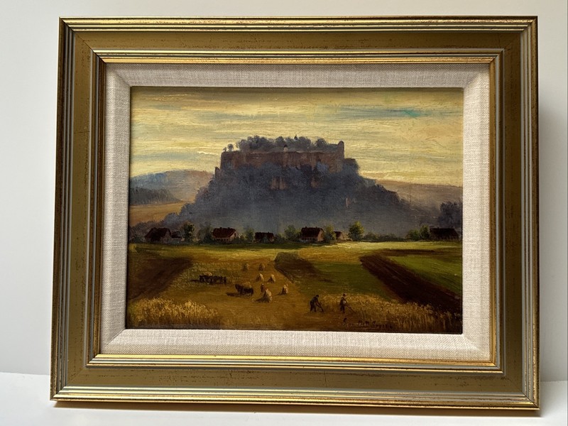 ANTIQUE PAINTING FARM FARMER WORKERS LANDSCAPE SMALL HAY STACKS LISTED FAMOUS