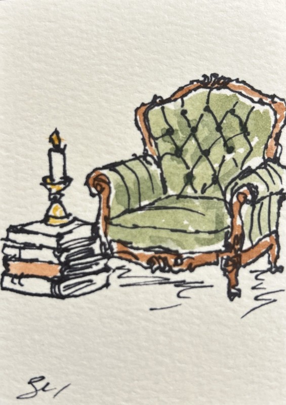Original ACEO Quiet Reading Nook. Victorian Armchair Ink & Watercolor