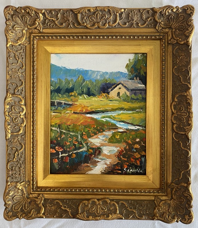 Oil on canvas original impressionist painting-Cottage by stream – ornate frame