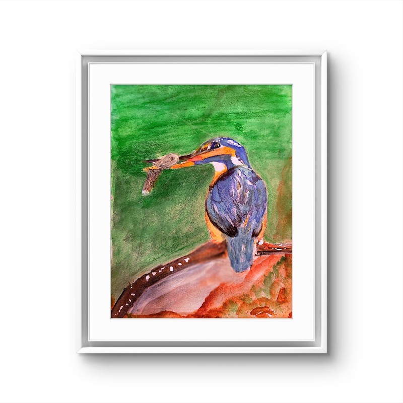 Kingfisher Vibrant Abstract Expressionism Watercolor On Paper Painting 8x10 1/2. gallery