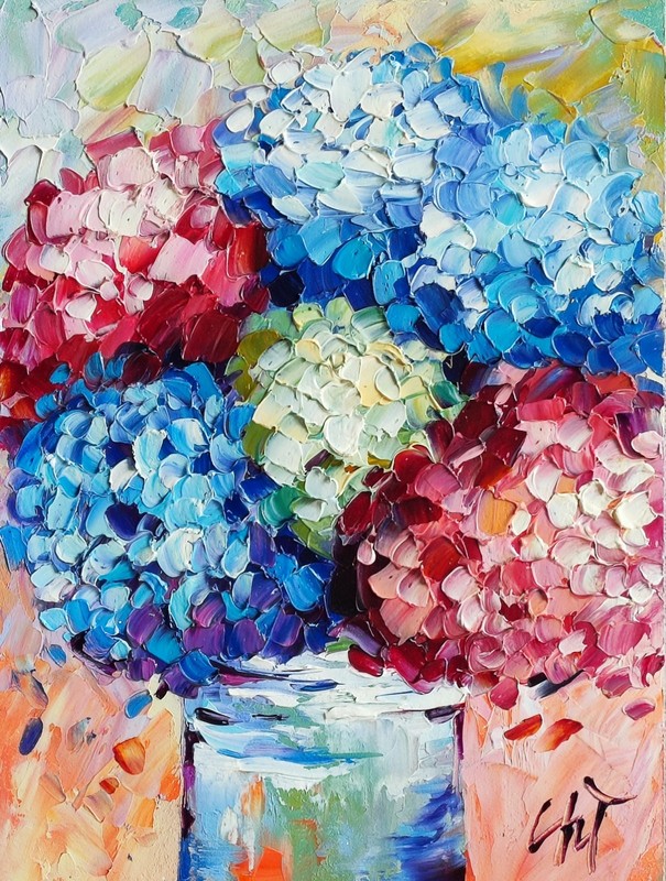 original oil painting Hydrangea Colorful Flowers Vase Floral wall art 7*9.5 in