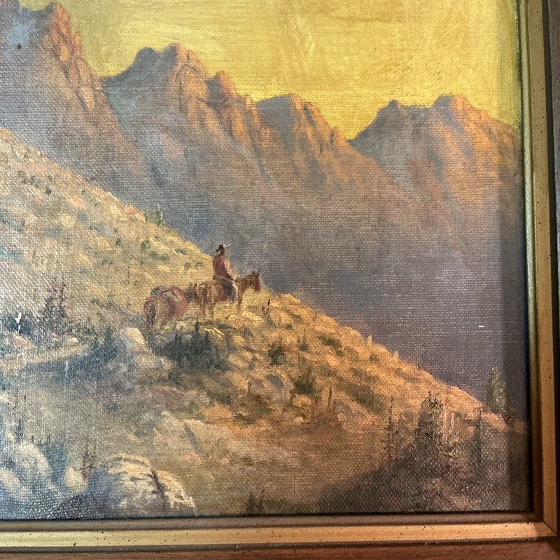 Antique Cowboy Western Mountain Scene Original Oil On Canvas Board Painting gallery