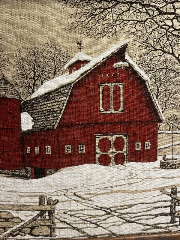 Hand Printed Red Barn Snow Linen Framed Wall Art. 16” gallery