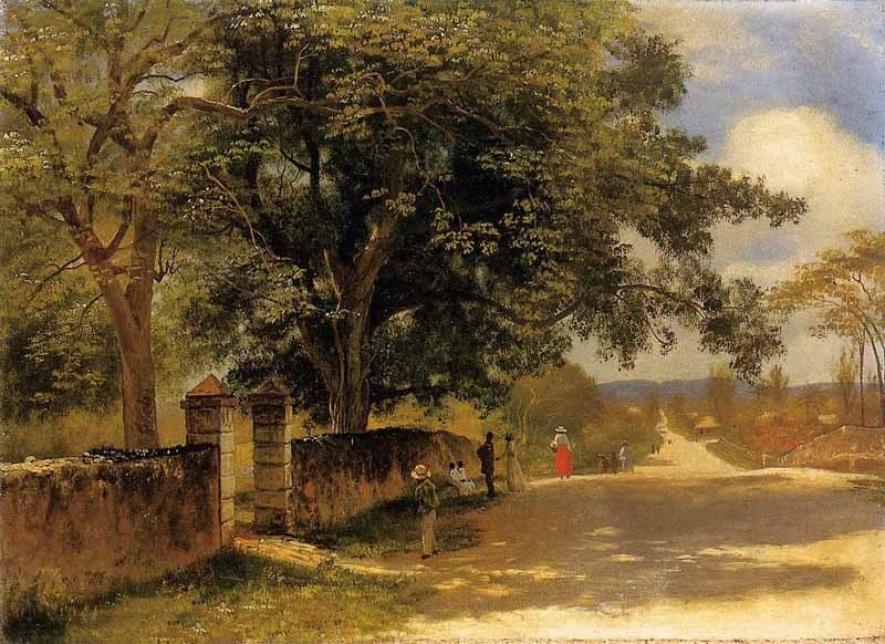 Oil Albert Bierstadt – Street landscape in Nassau with people shipping